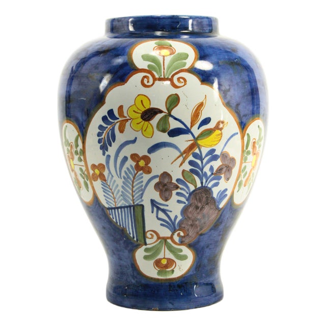 Circa 1764 Delft Vase Blue With Flowers, Marked De Romeyn Petrus Van Meerum For Sale