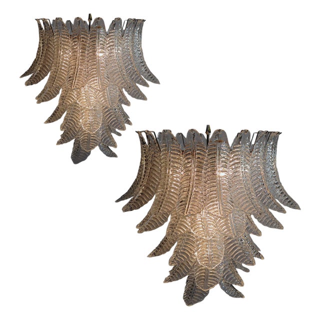 Italian Leaf Chandeliers in the Style of Barovier & Toso, Murano, Set of 2 For Sale