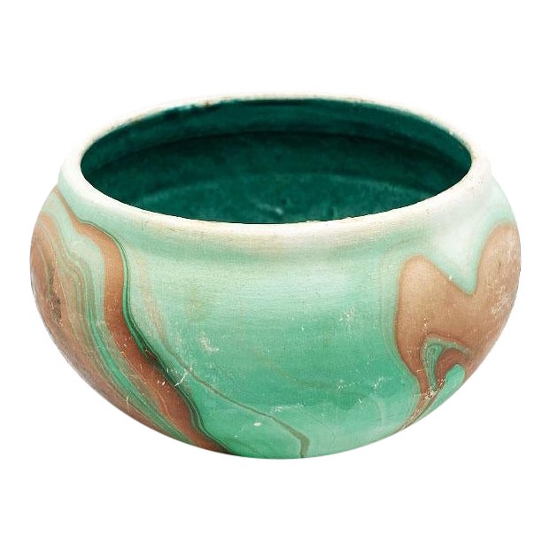Green Swirl Ceramic Touring Pottery Folk Art Pot in Green and Brown For Sale