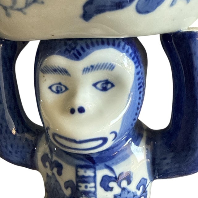 Chinoiserie Vintage Blue & White Porcelain “Bar Monkey” Chinoiserie Bowl, 7.75” Tall For Sale - Image 3 of 8