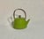 A charming vintage Mid-Century form enamel teapot in a vibrant, glossy chartreuse/avocado green finish with a natural wood...