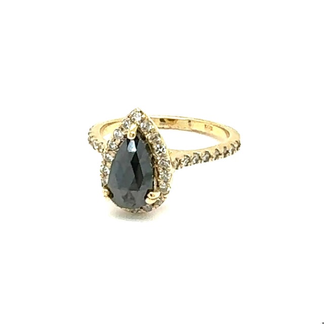 Contemporary 2.06 Carat Pear Cut Halo Black Diamond Yellow Gold Engagement Ring, Size 7 For Sale - Image 3 of 6