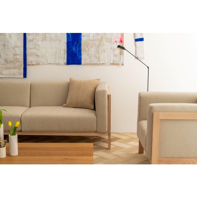 LIFT Minimalist Three-Seater Sofa in Walnut Wood and Pearl Fabric Seat by Julien Renault For Sale - Image 4 of 9