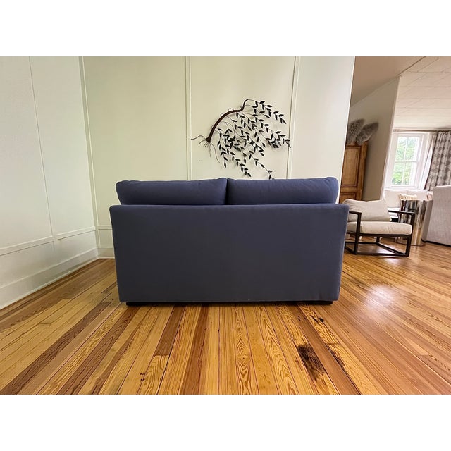 2020s Custom Modern Upholstered Loveseat in Italian Blue Felted Wool With Luggage Stitching For Sale - Image 5 of 5