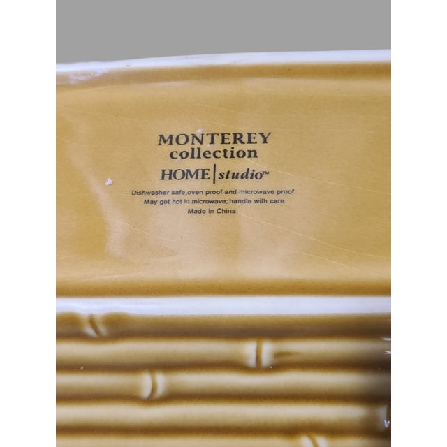Late 20th Century Monterey Tropical Majolica Bamboo & Green Monstera Leaf Pattern Hors D Oeuvres Dessert Tray Platter For Sale - Image 6 of 7