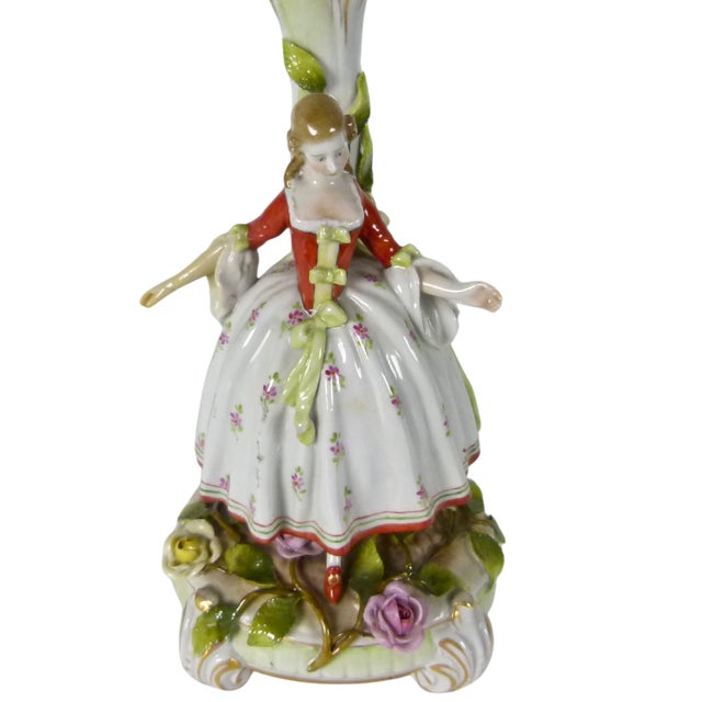 Antique Von Schierholz German Porcelain Courtly Lady Figural Candlestick With Applied Roses and Leaves . Dresden Style For Sale - Image 11 of 16