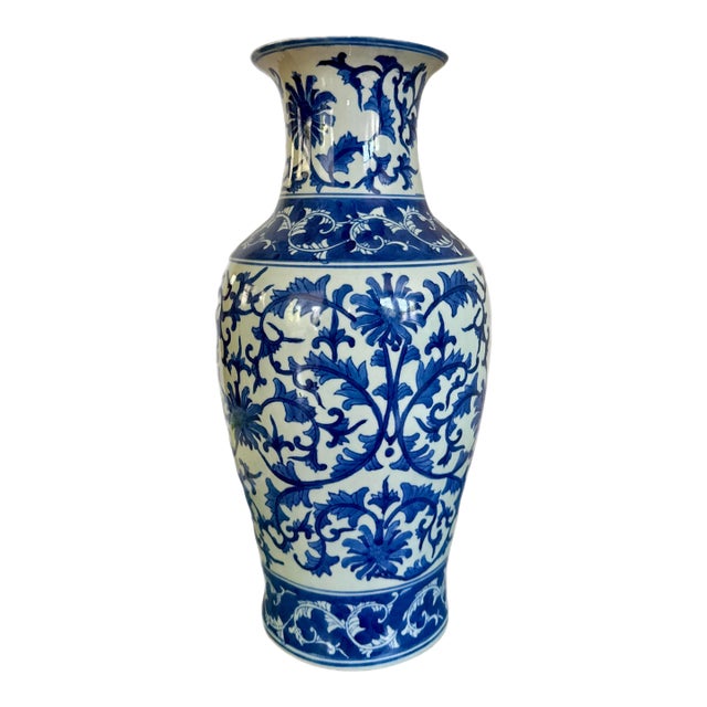 Blue and White Chinoiserie Floor Vase For Sale