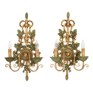 Carved Florentine Wall Lamps with Oak Leaves and Acorns, 1970, Set of 2 For Sale