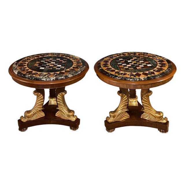 Pair Italian Early 20th C. Pietra Dura Chess Tables With Mahogany and Gilt Bases For Sale