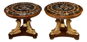 Pair Italian Early 20th C. Pietra Dura Chess Tables With Mahogany and Gilt Bases