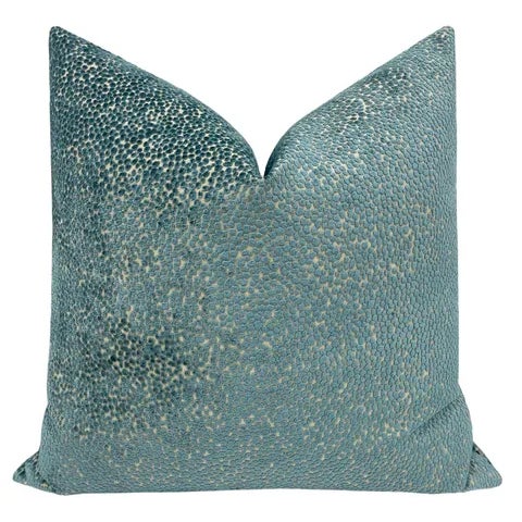 Pair of beautiful 22" cosmo cut velvet pillows in Aegean. Meticulously handcrafted with serged interior seams, invisible...