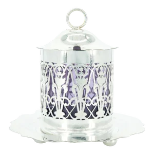 English Silver Plated Holding Base / Purple Glass Insert Tableware Covered Jar