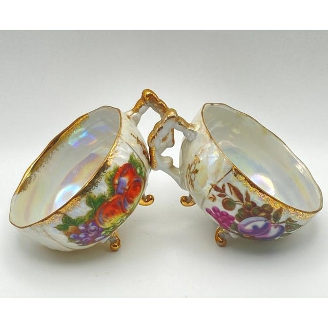 Pair of Kasuga Footed Iridescent Gilded Teacups (Handles, Fruit Design, Lusterware) Vintage For Sale - Image 12 of 16