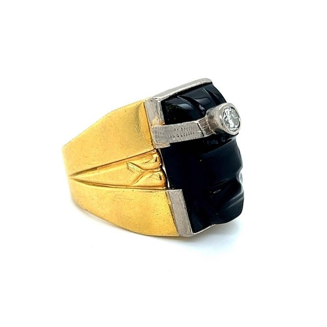 Contemporary Mid 20th Century Diamond Onyx 18k Two Tone Gold Carved Face Ring - Size 9.5 For Sale - Image 3 of 7
