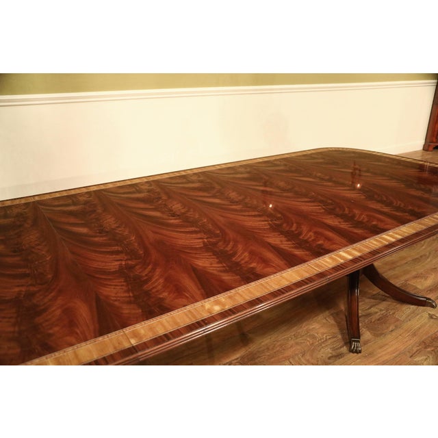 Inlaid Double Pedestal Mahogany Dining Room Table Seats 6-14 People With Polished Hi Sheen Finish For Sale - Image 4 of 13