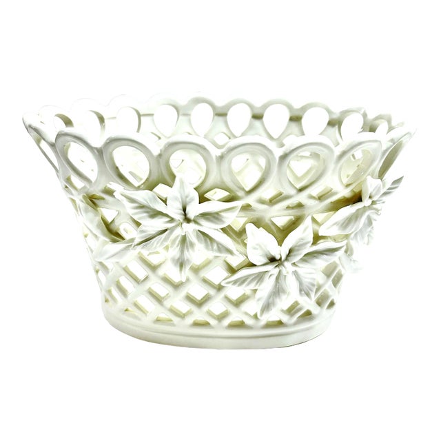 Vintage Pierced Porcelain Cachepot – Basketweave Lattice Floral Planter For Sale