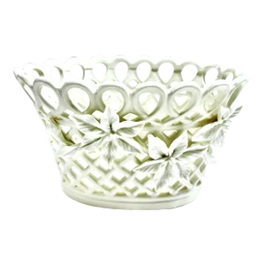 Vintage Pierced Porcelain Cachepot – Basketweave Lattice Floral Planter