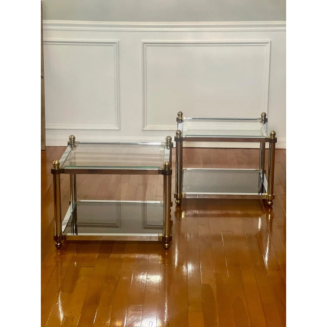 Mid Century Maison Jansen Style Two Tier Brass and Chrome Glass Square Tables, Pair For Sale - Image 4 of 12