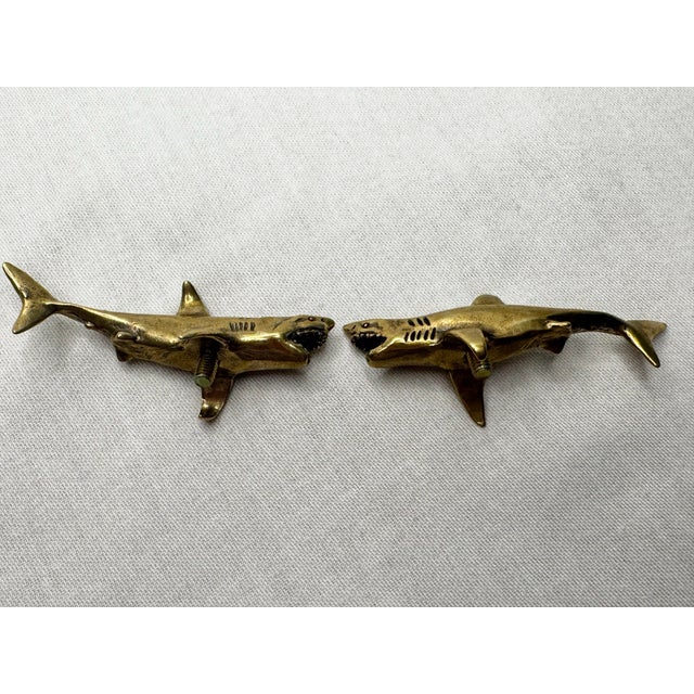 Late 20th Century Vintage Small Coastal Solid Brass Shark Cabinetry Hardware Knobs/Pulls For Sale - Image 5 of 8