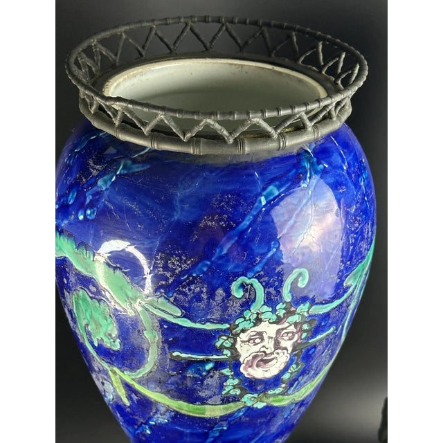 Blue French Vases on Patinated Bronze Bamboo Mounts with Portraits of Henri III from A. Giroux Paris, 1880-1895, Set of 2 For Sale - Image 8 of 12