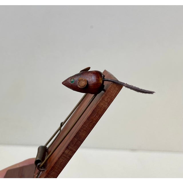 A Danish - Scandinavian take on Franz Xavier Bergman's Vienna Bronze Mousetrap. Here executed in teak, copper and leather....