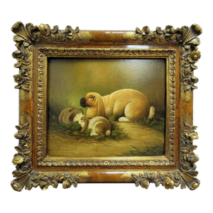 Original 20th C Framed Oil Painting of Rabbits, Hare With Young