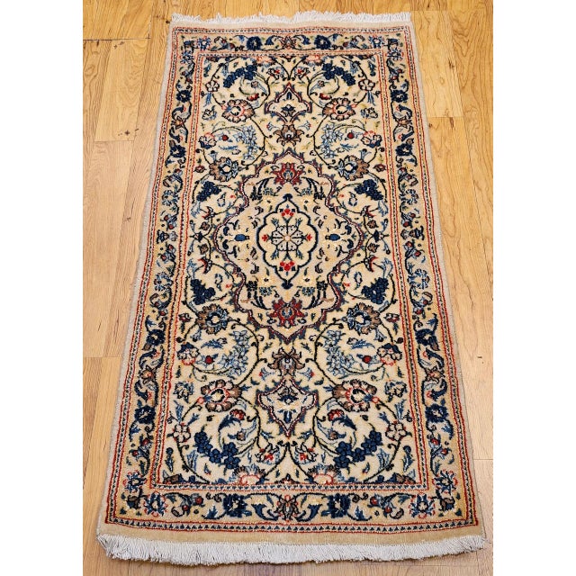 1900 - 1909 Vintage Persian Nain Area Rug, Hand-Knotted Wool & Silk, Floral Pattern, 2x4, Ivory & Blue For Sale - Image 5 of 13