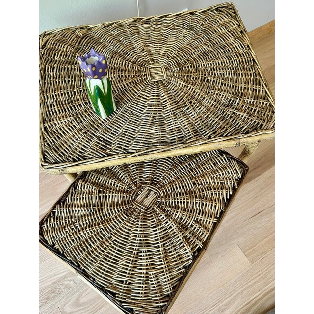 1960s Mid-Century Bohemian Woven Wicker & Rattan, Bamboo Sunburst Nesting Tables - Set of 2 For Sale In Chicago - Image 6 of 9