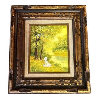 1960’s Original Impressionist Woman Sitting by Stream Landscape Painting For Sale