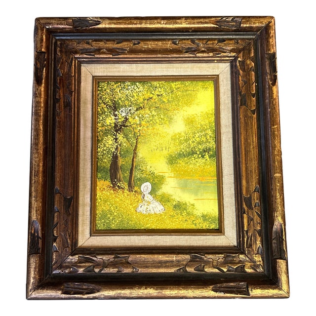 1960’s Original Impressionist Woman Sitting by Stream Landscape Painting For Sale