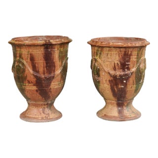 French 19th Century Anduze Jars with Brown and Green Glaze and Swags - A Pair For Sale