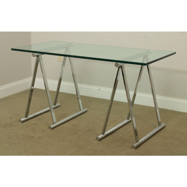 Vintage Glass Top Writing Desk Table Chrome Sawhorse Base Chairish