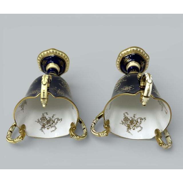 English Antique Pair English Coalport Three Handle Loving Trophy Cups Porcelain Urns For Sale - Image 3 of 18