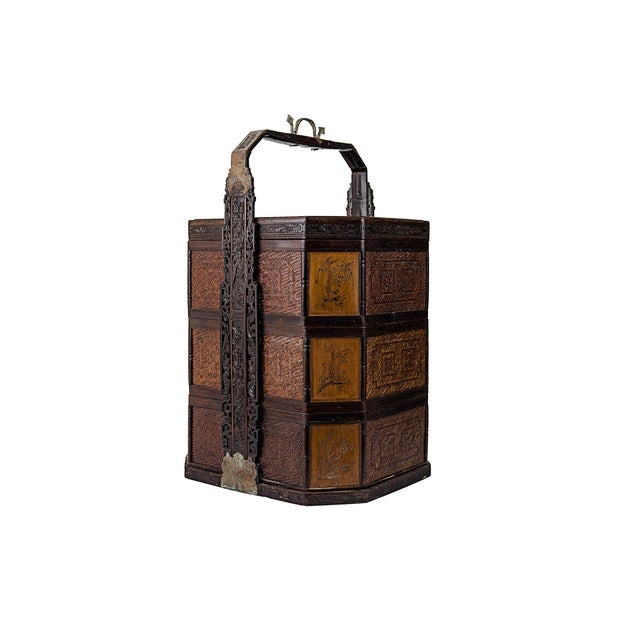 Late 19th Century Antique 3 Three Tiered Wood & Bamboo Rattan Chinese Wedding Basket For Sale - Image 5 of 18