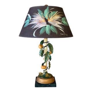 Vintage Italian Tole Lemon Table Lamp by Sarreid With Hand Painted Signed Shade For Sale