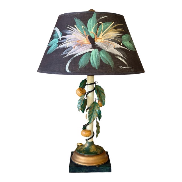 Vintage Italian Tole Lemon Table Lamp by Sarreid With Hand Painted Signed Shade For Sale