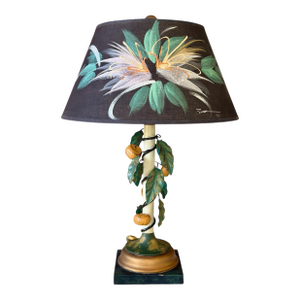 Vintage Italian Tole Lemon Table Lamp by Sarreid With Hand Painted Signed Shade