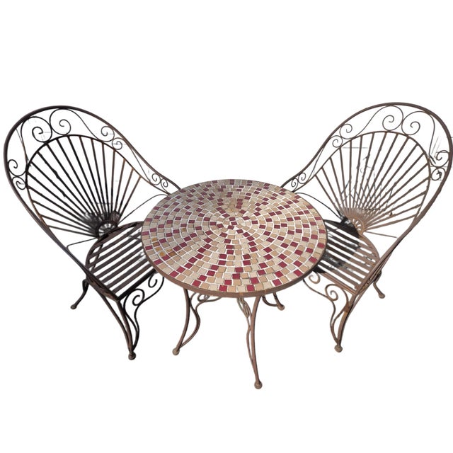 Vintage Wrought Iron Outdoor Bistro Mosaic Top Iron Table Table Top & 2 Chairs For Sale - Image 10 of 12