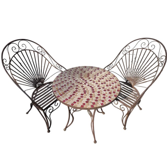 Vintage Wrought Iron Outdoor Bistro Mosaic Top Iron Table Table Top & 2 Chairs, Attributed For Sale - Image 10 of 12