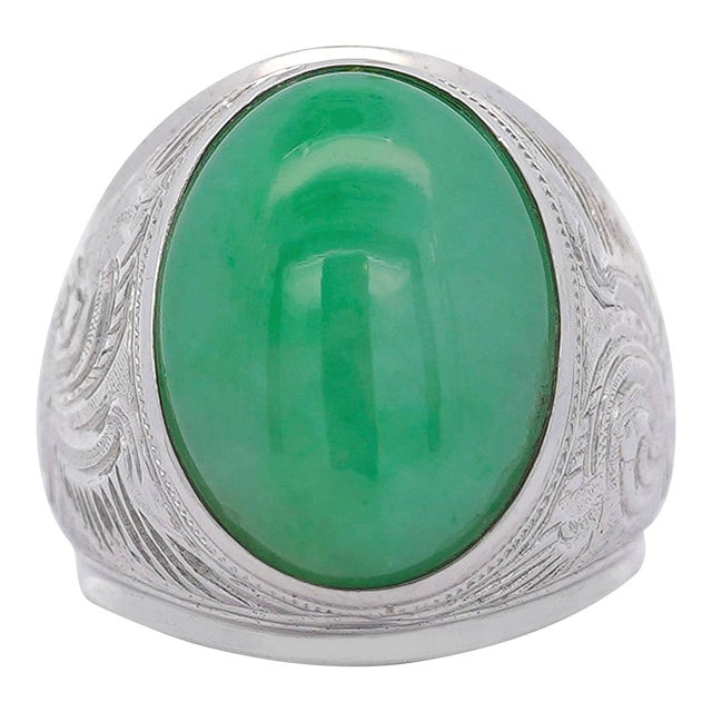 1990s 11 Carat Grade a Jadeite Jade Fei Cui Bezel Set Unisex Solitaire Ring Size 7.75 For Sale