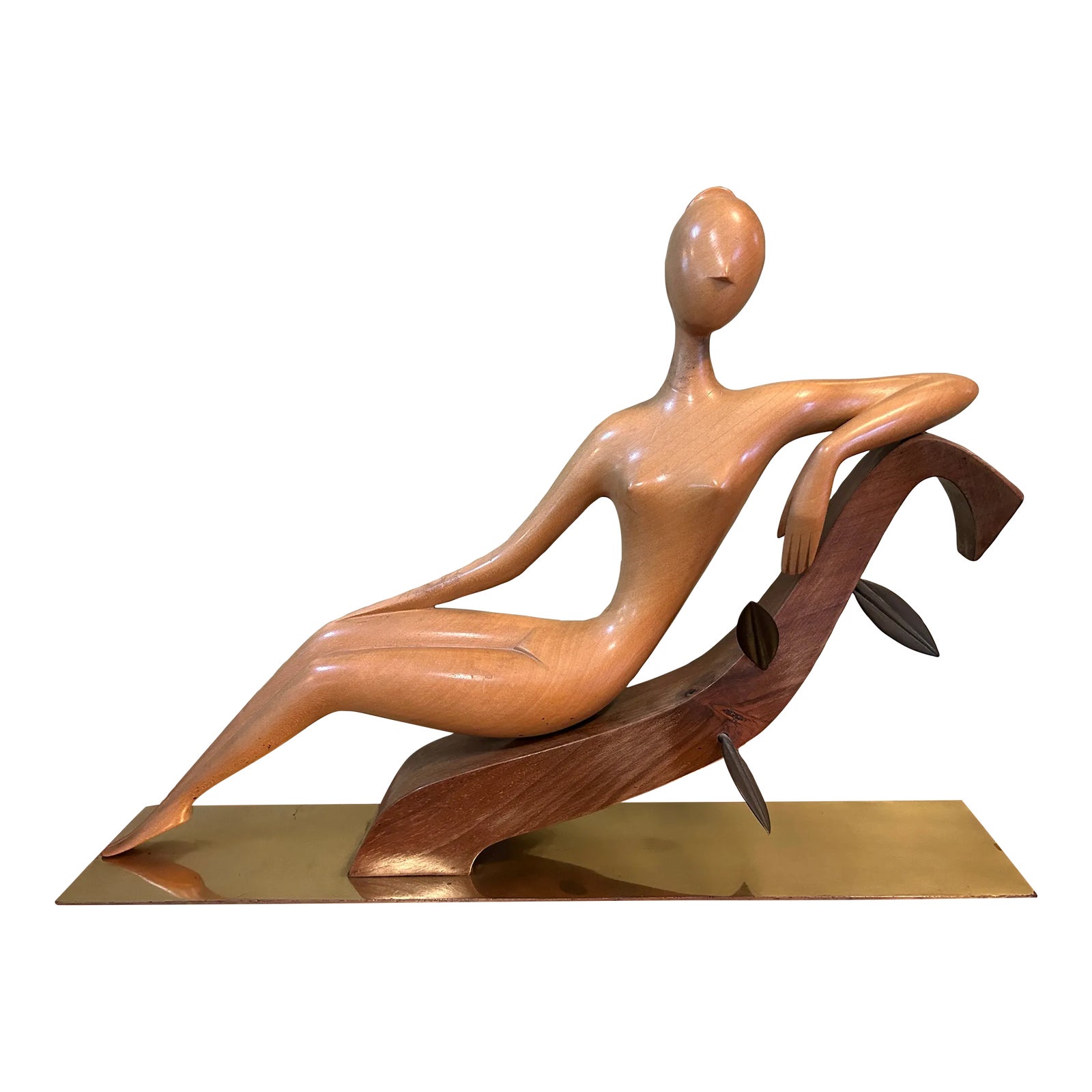 Franz Hagenauer Wood + Brass Reclining Female Nude Sculpture