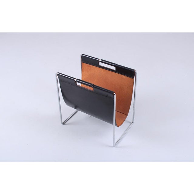 Mid-Century Modern Chrome Steel and Black Leather Magazine Rack from Brabantia, 1960s For Sale - Image 3 of 13