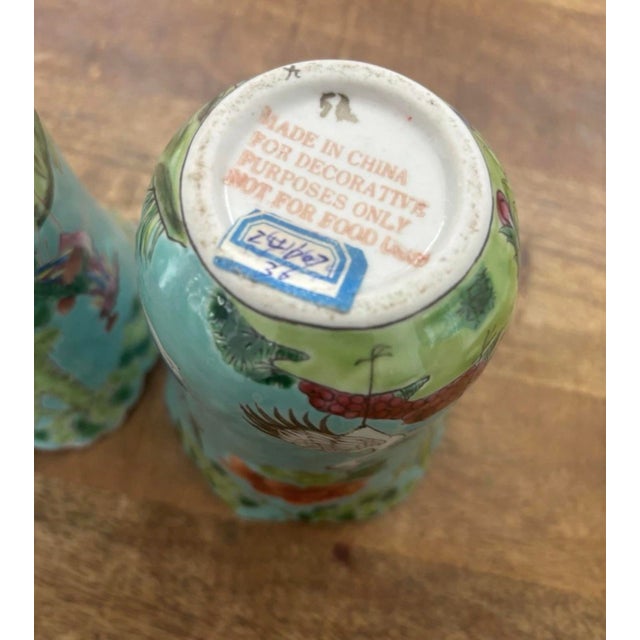 Twentieth Century Famille Rose Chinese Export Heavily Enameled Turquoise Scalloped Vases, a Pair For Sale - Image 4 of 7