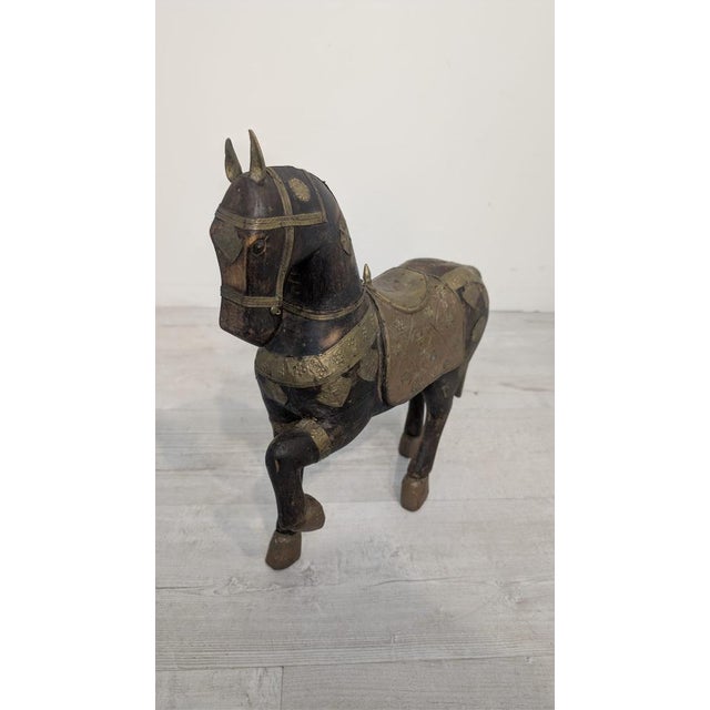 Brown Indian Wooden Ceremonial Horse with Brass from Charles Mareck, 1920s For Sale - Image 8 of 18