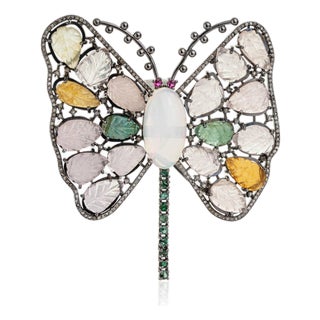 925 Sterling Silver Butterfly Brooch Pendant With Opal & 43.4ct Multicolor Gemstones For Sale