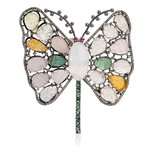 925 Sterling Silver Butterfly Brooch Pendant With Opal & 43.4ct Multicolor Gemstones For Sale