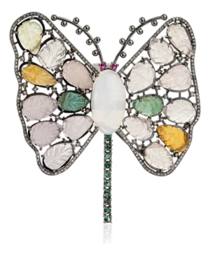 925 Sterling Silver Butterfly Brooch Pendant With Opal & 43.4ct Multicolor Gemstones