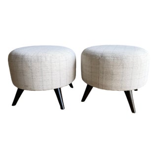 Pair of Textured Off-White Ottomans Made From Vintage Turkish Rugs With Wood Legs For Sale