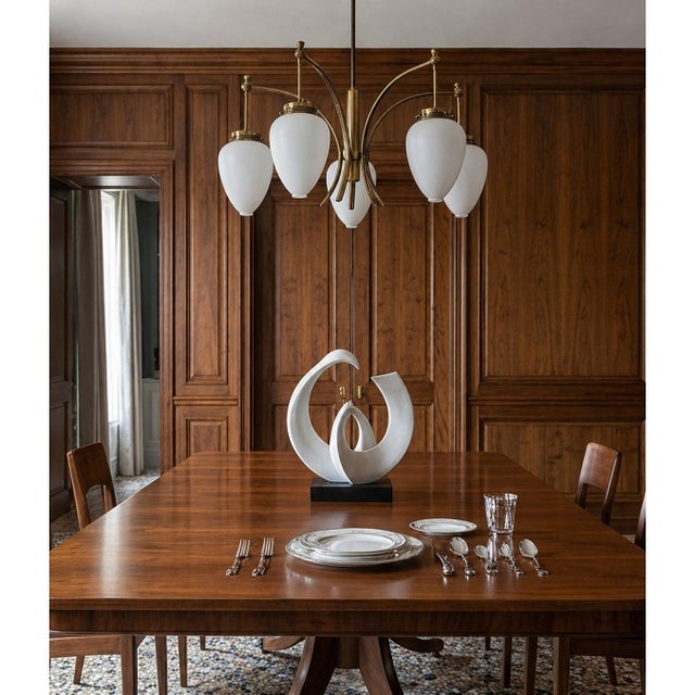 Metal 1950s Stilnovo Elegant Five-Arm Brass Chandelier With Frosted Glass Drops For Sale - Image 7 of 7