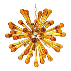 Murano Glass Sputnik Chandelier With Gold Frame and Amber Air Drops